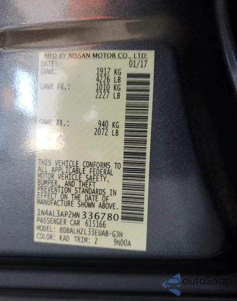 2017 Nissan Altima 2.5 z USA, uszkodzony, nr VIN 1N4AL3AP2HN336780